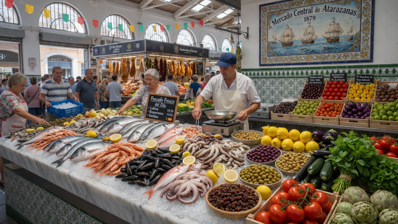 Vibrant display of fresh seafood and local produce at Malaga's bustling central market with colorful fish and vegetables