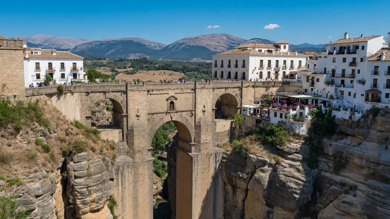 Iconic Puente Nuevo bridge spanning the dramatic gorge in Ronda Spain with whitewashed buildings and mountains